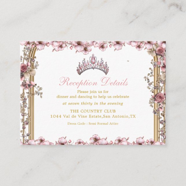Pink Golden Tiara Floral Quinceañer Enclosure Card Begleitkarte (Vorderseite)
