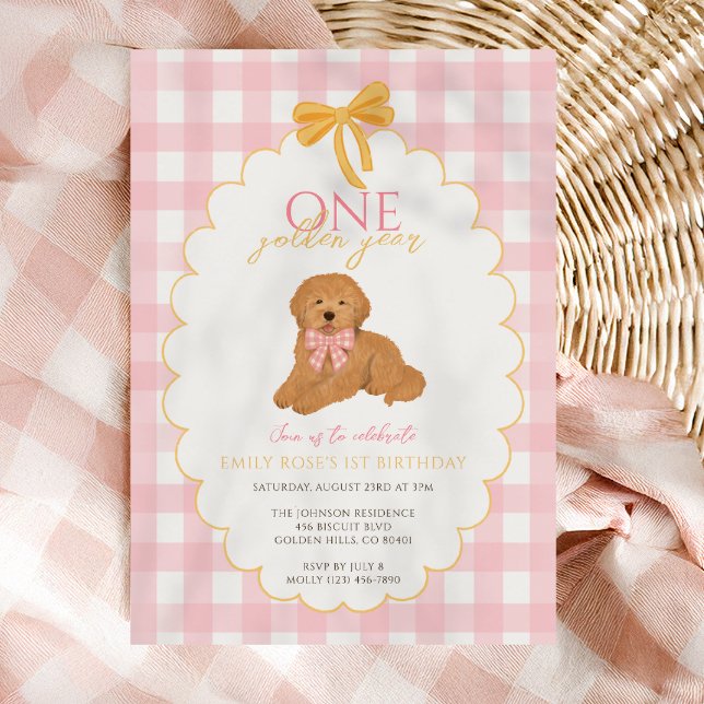 Pink Goldendoodle Dog First Birthday Party Einladung (Von Creator hochgeladen)
