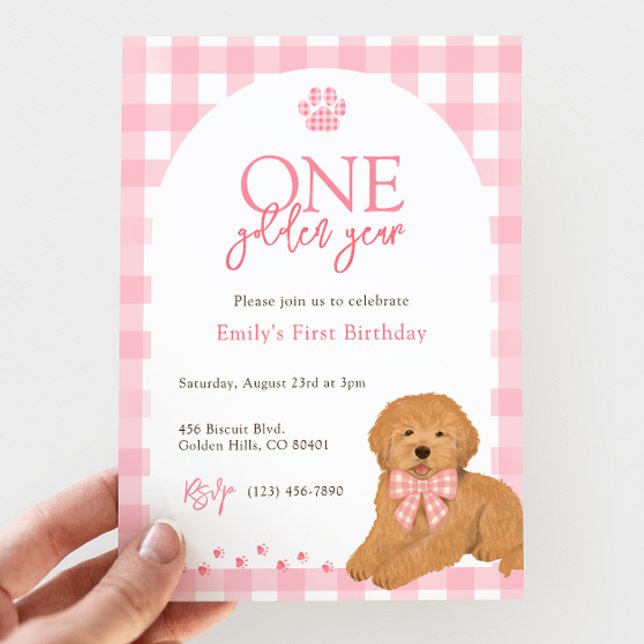 Pink Goldendoodle Dog One Golden Year birthday Einladung (Von Creator hochgeladen)