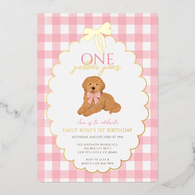 Pink Goldendoodle Puppy Dog Pawty 1st Birthday Folieneinladung (Vorderseite)