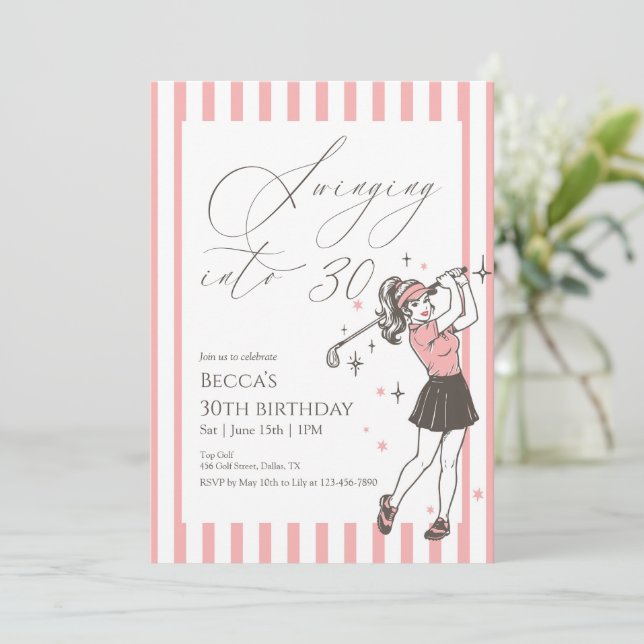 Pink Golf 30th Birthday Party Swinging Into 30 Einladung (Stehend Vorderseite)
