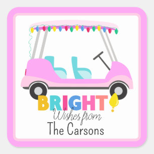 Pink Golf Cart Brillenwünsche mit Urlaubsstipps Quadratischer Aufkleber