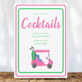 Pink Golf Cart Cocktail Party PInk Green Border Einladung
