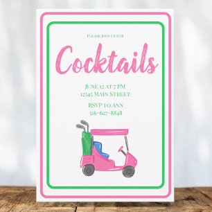 Pink Golf Cart Cocktail Party PInk Green Border Einladung