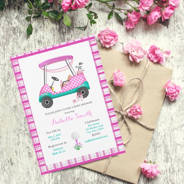 Pink Golf Cart mit Babyausstattung Babydusche Einladung (Von Creator hochgeladen)