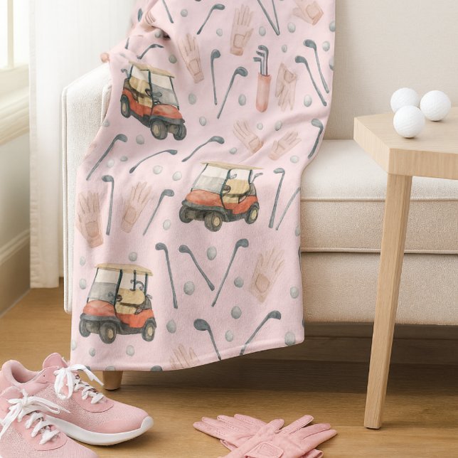 Pink Golf Cart Pattern Lady Golfer  Fleecedecke (Soft landings after tee time where pink gear, cozy fleece, and golf dreams come home to rest.)