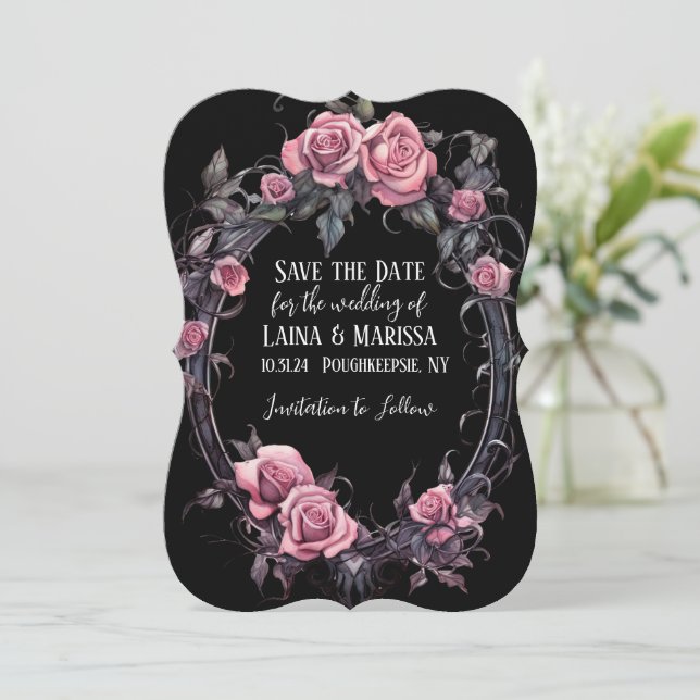 Pink Gothic Floral Save the Date Einladung (Stehend Vorderseite)