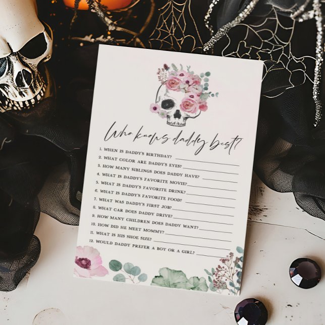 Pink Gothic Floral Skull Wer Daddy Best Game kennt (Floral Skull Baby Shower Who knows Daddy Best Game)