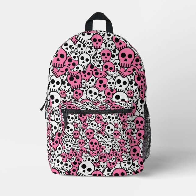 Pink Gothic Skull Pattern Print Bedruckter Rucksack (Vorderseite)