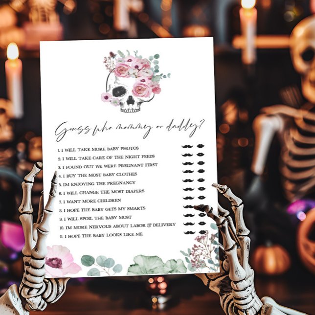 Pink Gothic Skull rät, wer Mommy oder Daddy Game i (Floral Skull Baby Shower Guess who Mommy or Daddy Game)