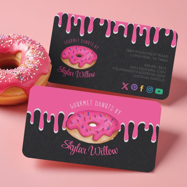 Pink Gourmet Sprinkle Donut Pink Tropfens Bäckerei Visitenkarte (Pink Gourmet Sprinkle Donut Pink Drips Bakery Business Card)
