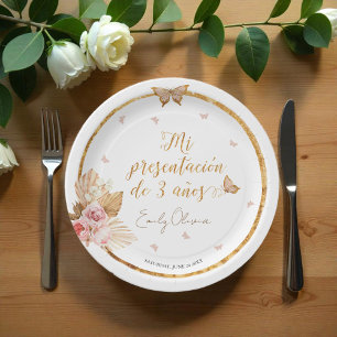 Pink Gown Girl Mi Presentación de 3 Años Spanisch Pappteller