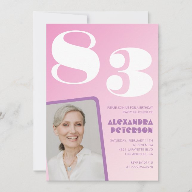 Pink Gradient Foto 83. Geburtstag Einladung (Vorderseite)