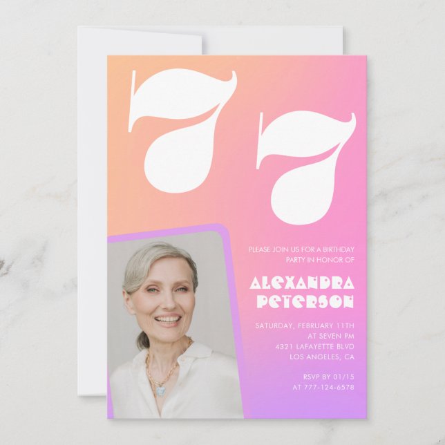 Pink Gradient Retro Foto 77. Geburtstag Einladung (Vorderseite)