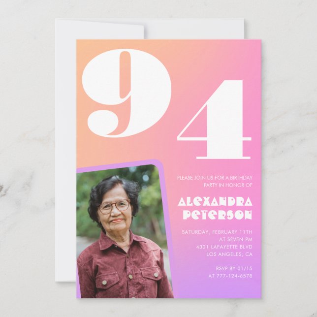 Pink Gradient Retro Foto 94. Geburtstag Einladung (Vorderseite)
