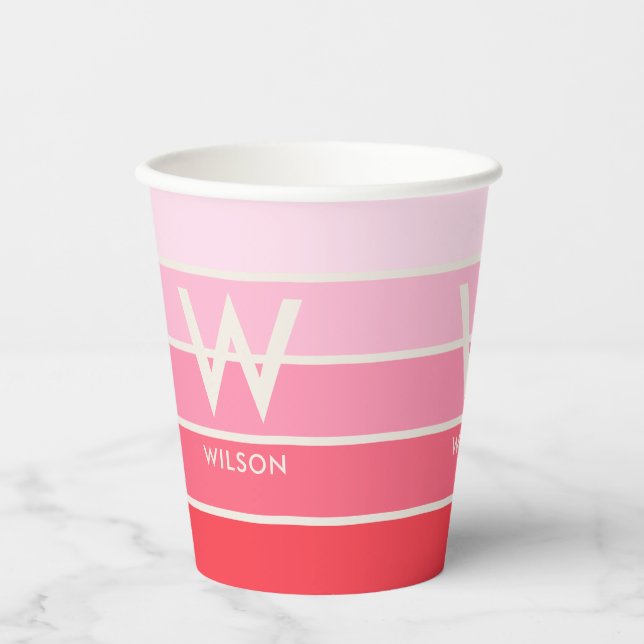 Pink Gradient Strip Monogram Persönliches Party Pappbecher (Vorderseite)