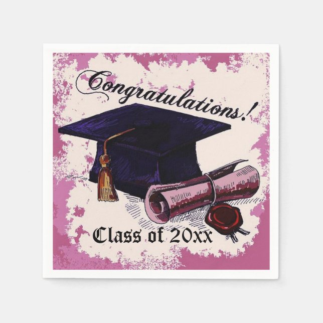 Pink Graduation Cap & Diploma Napkins Serviette (Vorderseite)