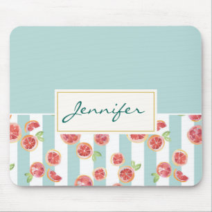 Pink Grapefruit-Muster auf grünen Streifen Mousepad