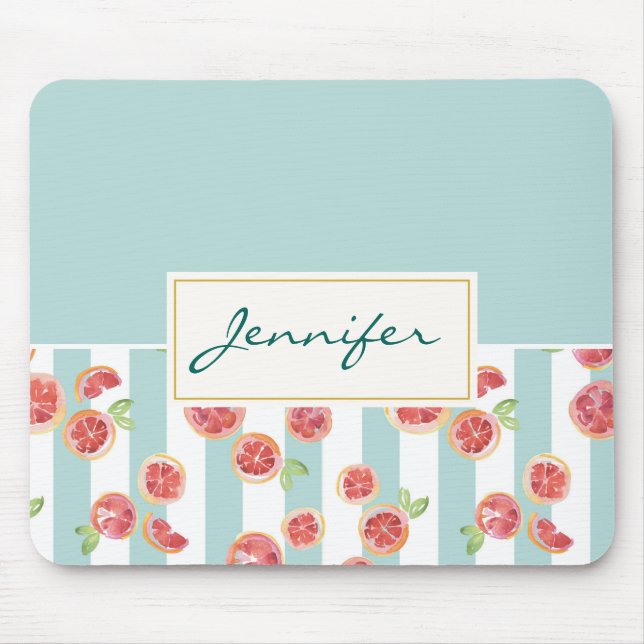 Pink Grapefruit-Muster auf grünen Streifen Mousepad (Vorne)