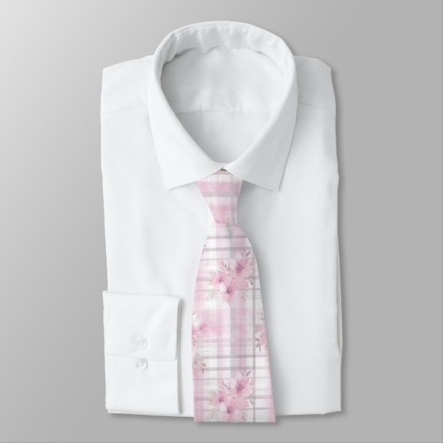 Pink Grau Blume Kariert Weihnachten Neck Tie Krawatte (Gebunden)