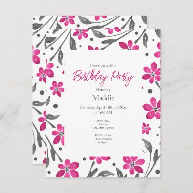 Pink Grau Blume Muster Einladung (Vorne/Hinten)