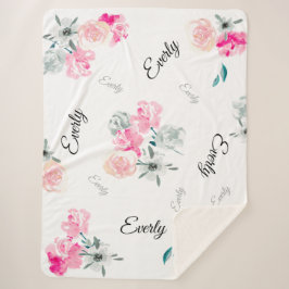 Pink Grau Floral Wasserfarben Mädchenname Sherpadecke