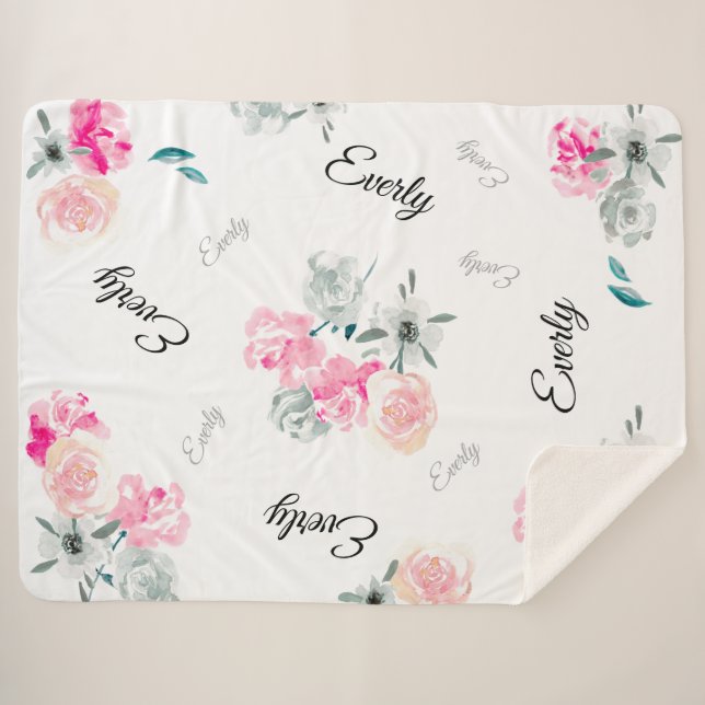 Pink Grau Floral Wasserfarben Mädchenname Sherpadecke (Vorderseite (Horizontal))