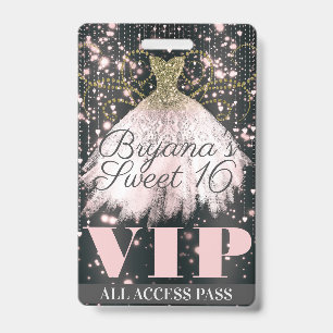 Pink Grau Gold Glitzer Kleid Sweet 16 VIP Pass Ausweis