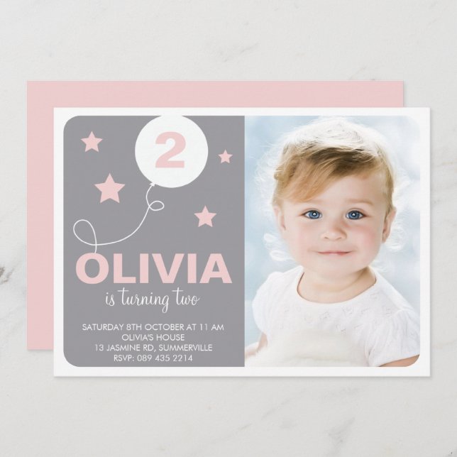 Pink & Grau Niedlich Dreamer Kinder Foto Geburtsta Einladung (Vorne/Hinten)