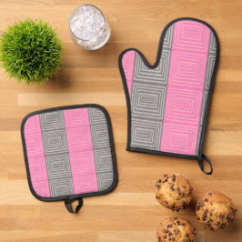 Pink & Grau Potholders & Oven Mitts Quadrate Desig Ofenhandschuh & Topflappen-Set