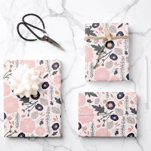 Pink Grau Schwarzes Botanisches Muster Geschenkpapier Set