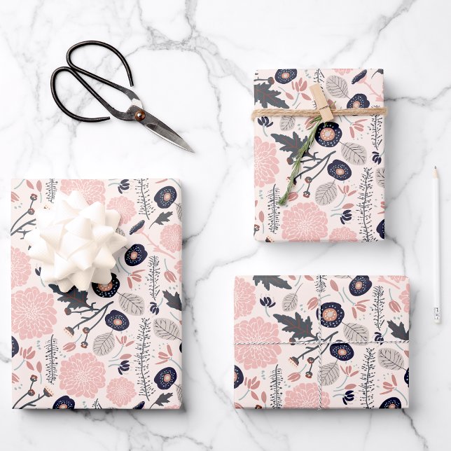 Pink Grau Schwarzes Botanisches Muster Geschenkpapier Set (Pink Gray Black Botanical Floral Pattern Wrapping Paper Sheets from Studio Posies. )