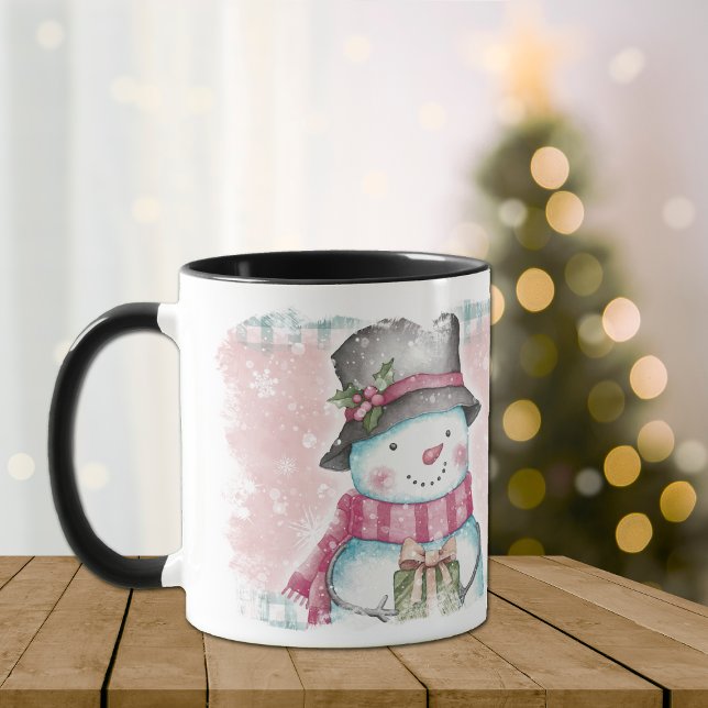 Pink Grau Snowflake Snowman Holiday Tasse (Von Creator hochgeladen)