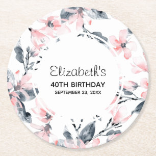 Pink & Grau Wasserfarben Muster Geburtstag Runder Pappuntersetzer