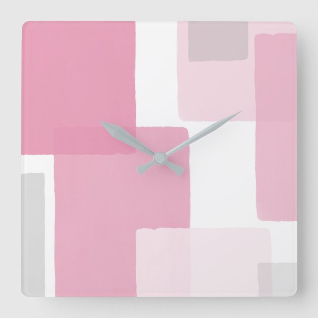 Pink Grau Weiß Modernes Minimalistisch Quadratische Wanduhr (Vorderseite)
