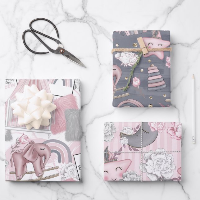 PINK GRAU WHITE BABY GIRL ITEMS & BLUME GESCHENKPAPIER SET (Vorderseite)