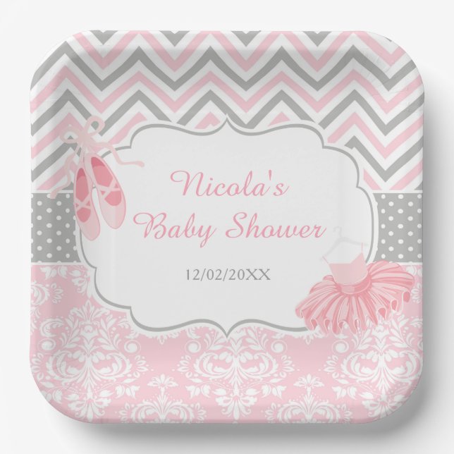 Pink & Grau Zickzack Ballerina Babydusche Pappteller (Vorderseite)
