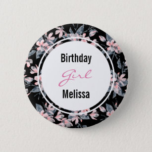 Pink & Graue Blumenmuster Geburtstagsmädchen Button