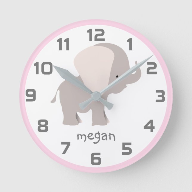 Pink-graue Elephant-Wall-Uhr Runde Wanduhr (Vorderseite)