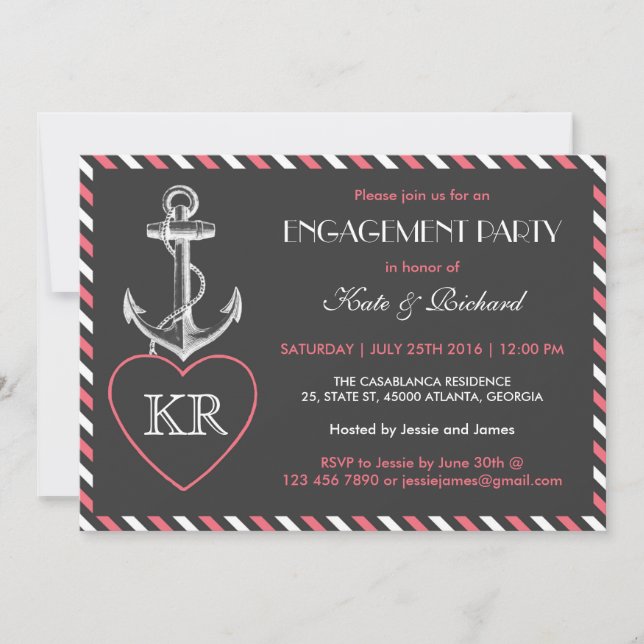Pink-graue Nautical Anchor-Engagement-Partei einla Einladung (Vorderseite)