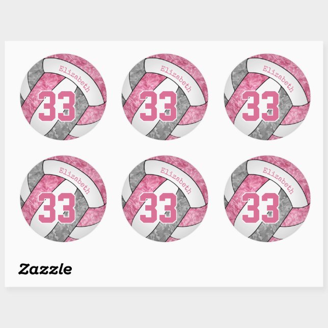 Pink-graue personalisierte Girls-Volleyball Runder Aufkleber (Blatt)