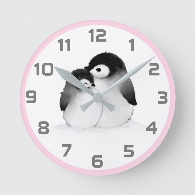 Pink-Graue Pinguine-Uhr Runde Wanduhr (Vorderseite)
