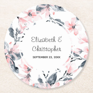 Pink & Graue Wasserfarbenmuster Hochzeit Runder Pappuntersetzer