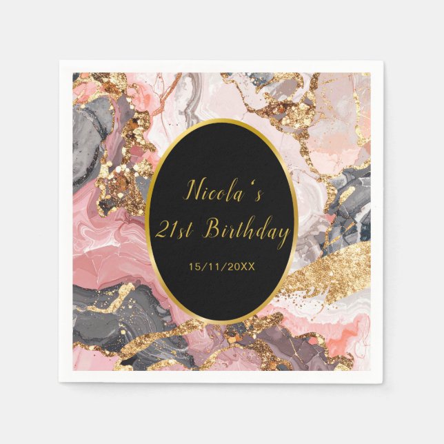 Pink, Gray and Gold Marble Agate Birthday Party Serviette (Vorderseite)