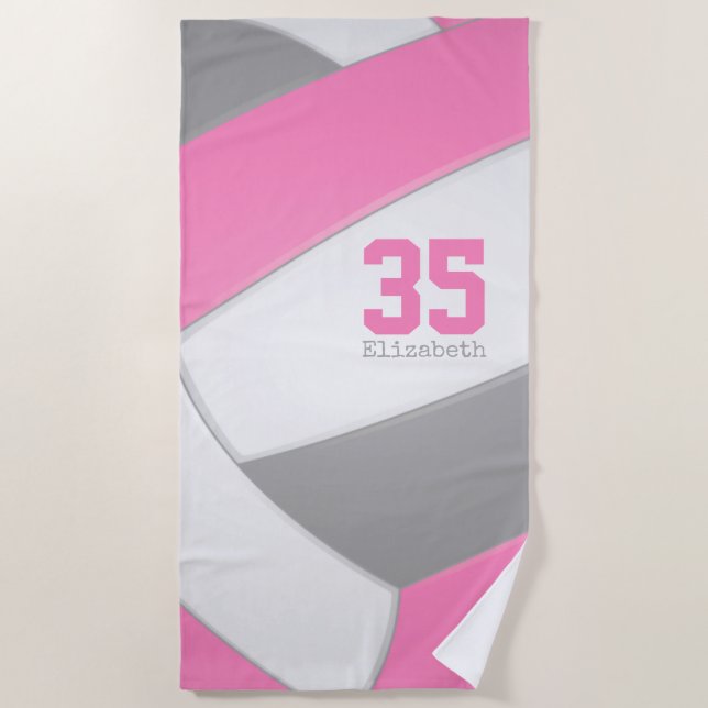 Pink Gray and White Girls Volleyball Personalized Strandtuch (Vorderseite)