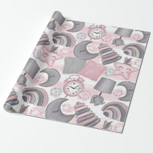 PINK & GRAY BABY MÄDCHENSPIELZEUGE HÖREN BLUME GESCHENKPAPIER