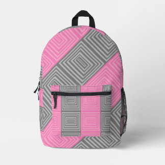 Pink & Gray Backpack With Abstract Squares Stripes Bedruckter Rucksack