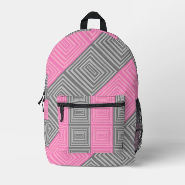 Pink & Gray Backpack With Abstract Squares Stripes Bedruckter Rucksack (Vorderseite)