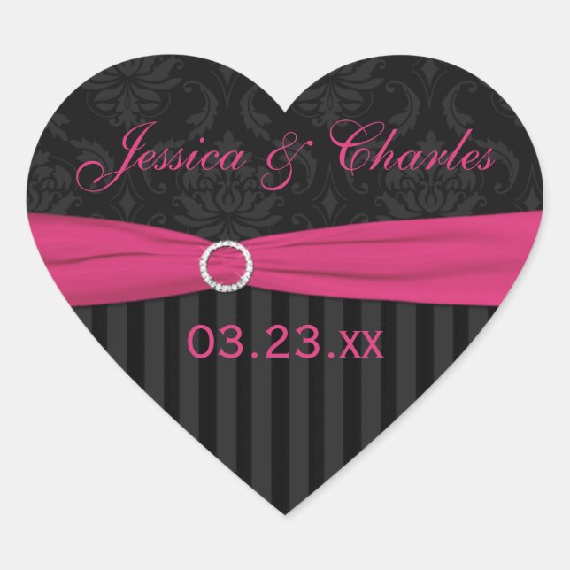 Pink Gray Black Damask Wedding Favor Sticker (Vorderseite)
