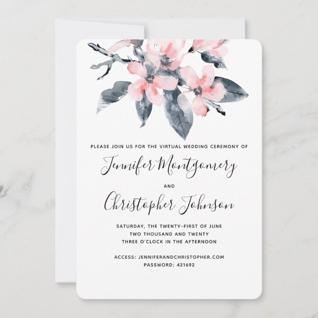 Pink & Gray Blume Virtual Wedding Einladung (Vorderseite)